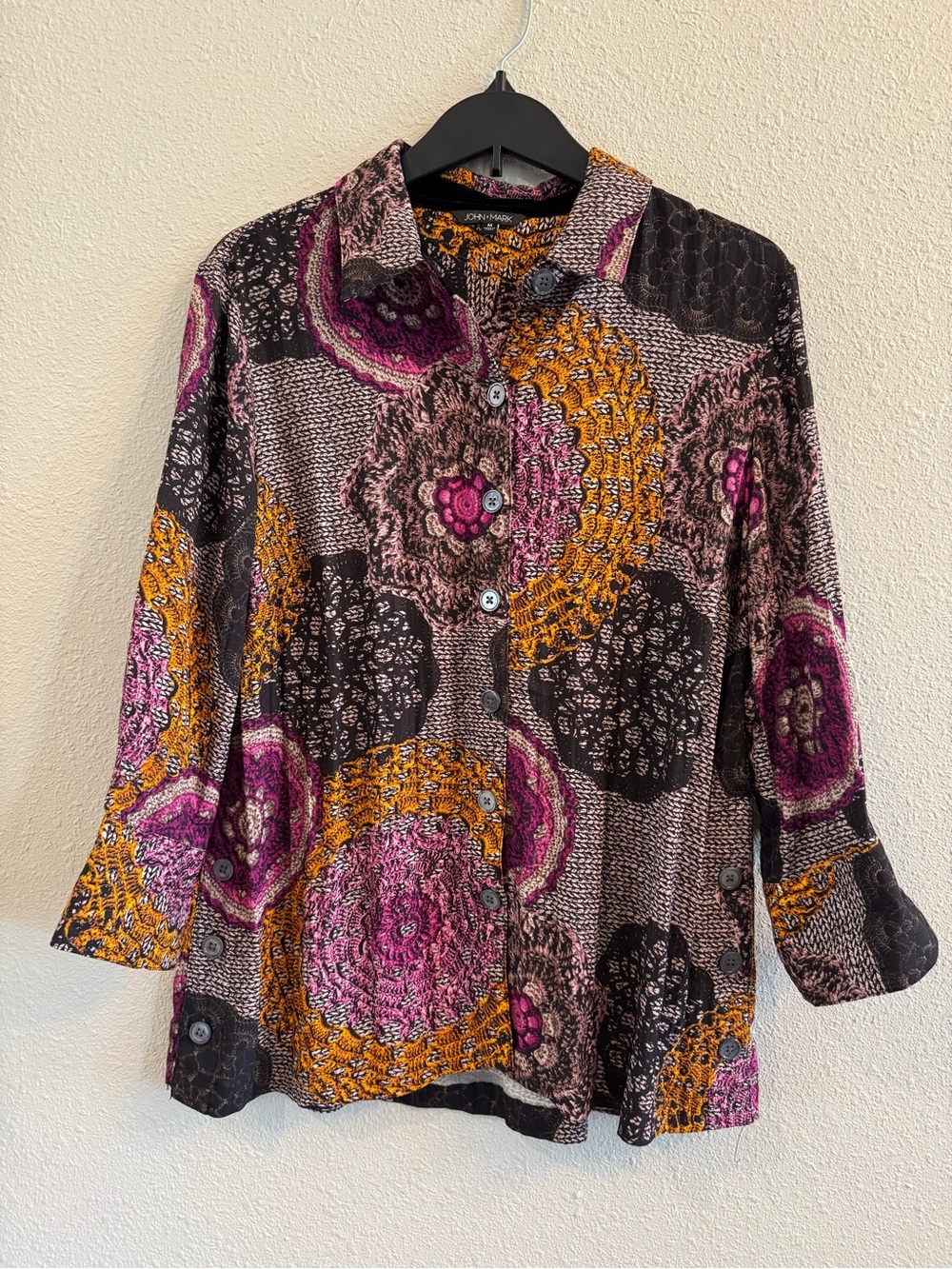John Mark Tunic Blouse Womens M Multicolor Doily Button Up Artsy Boho 3/4 sleeve